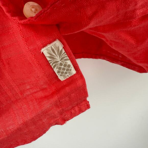 TOMMY BAHAMA Shirt Size Medium Men's 100% Linen Short Sleeve Orange/Red Stripe - Picture 7 of 11